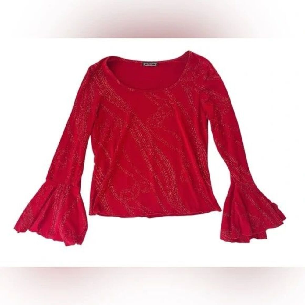 Vintage 90's Y2K Decaf Sparkly Red Flare Sleeve Top Womens Small